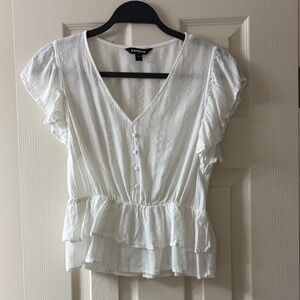 Express White Ruffle V-Neck Blouse